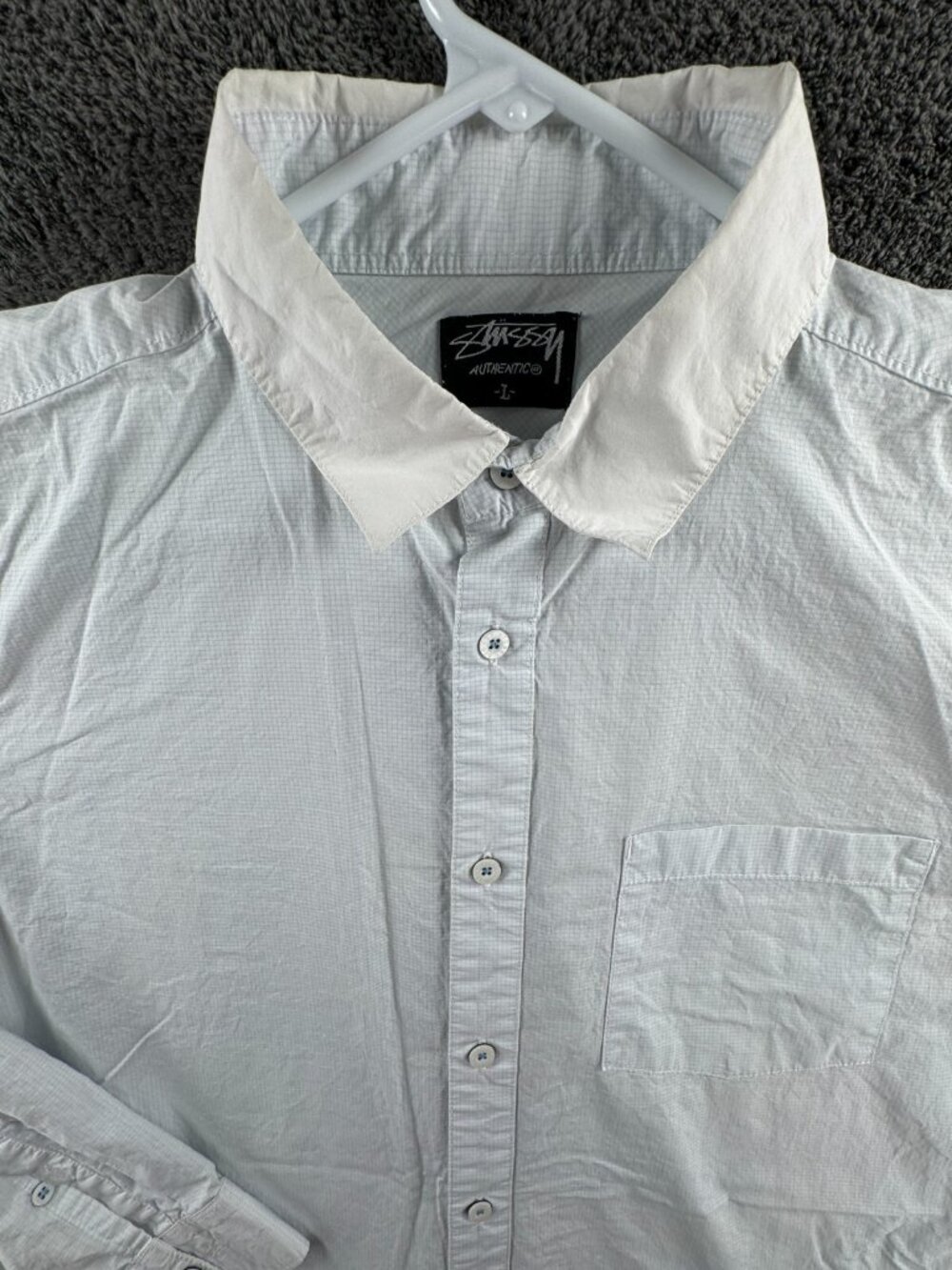 Stussy Button Up Shirt Men Large Blue Check Long Sleeve Contrast Collar Men
